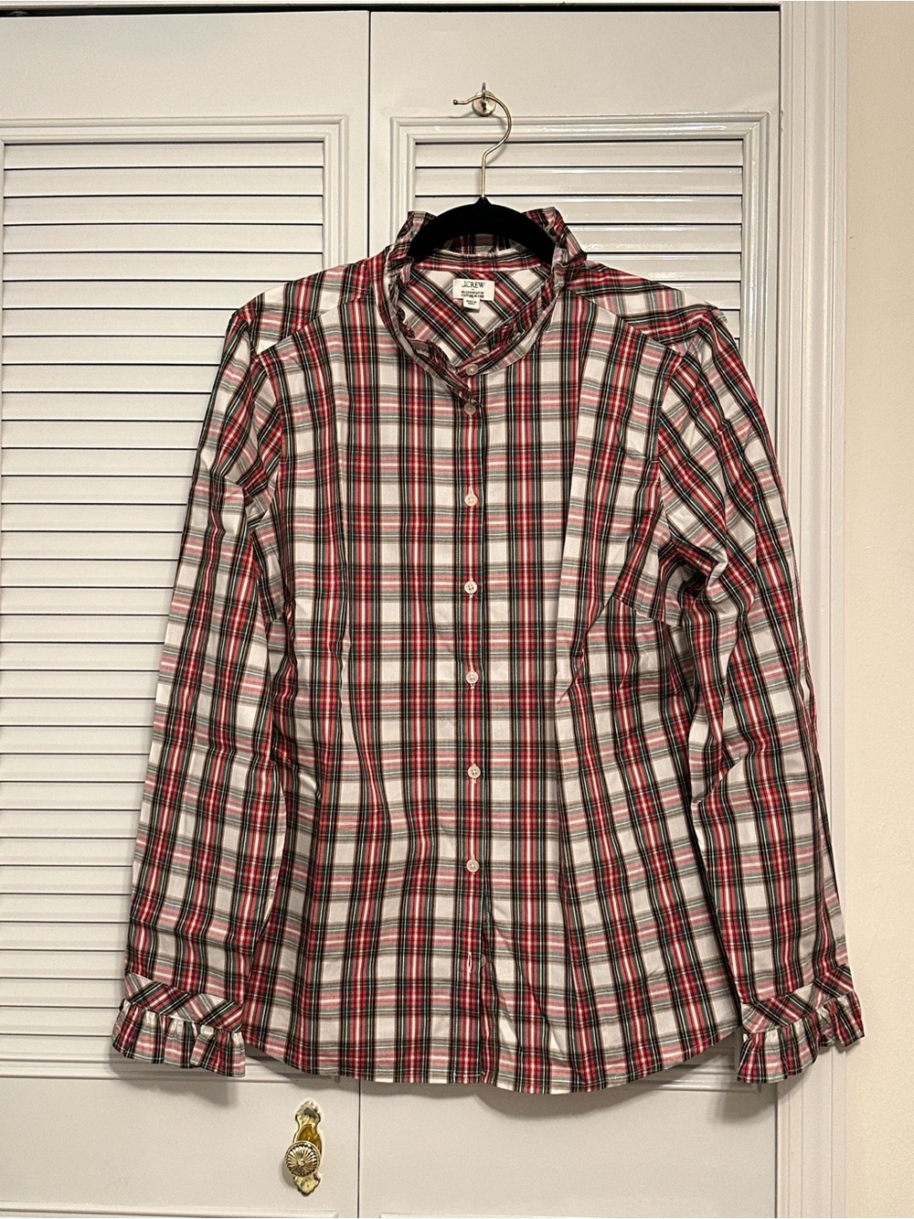 J Crew Factory Ruffleneck Collar Red and White Plaid Button-Down Shirt